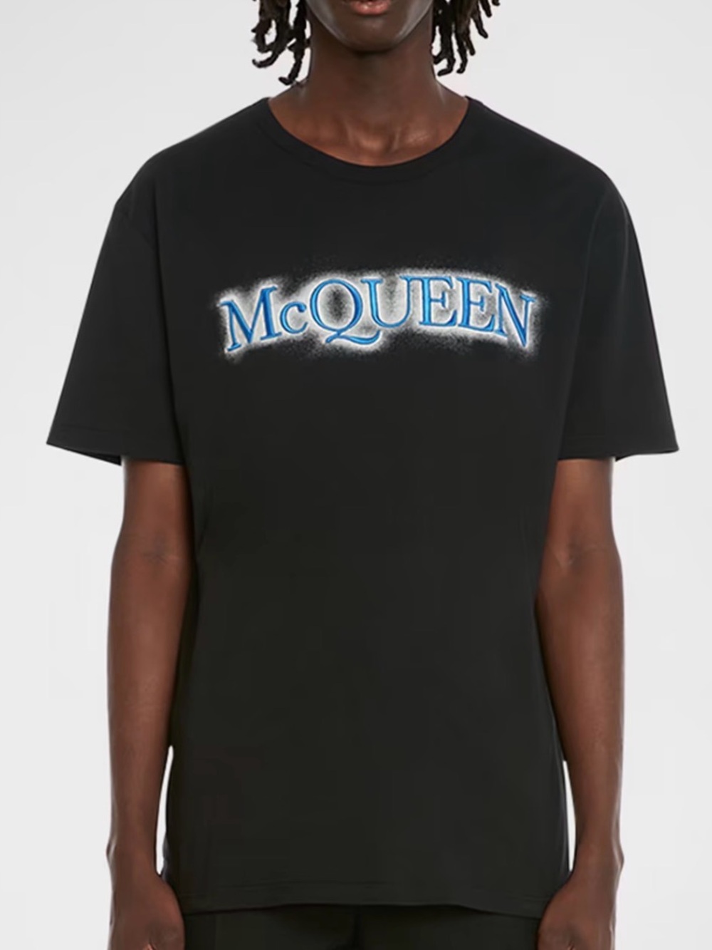 Alexander McQueen Men’s Spray Paint Graffiti Logo T-Shirt Black Blue Size M